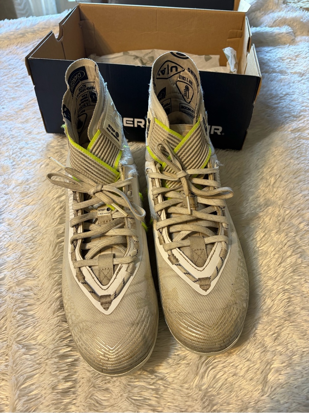 Under Armour Men’s White Athletic High-Top Shoes with Neon Yellow Accents